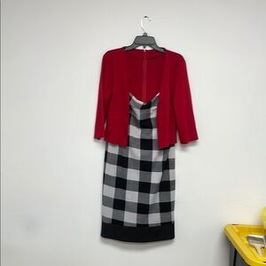 Elegant Red and Black Checkered Midi Dress with Jacket